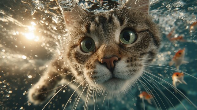 Swimming tabby cat underwater with fish, funny pet in a vibrant aquarium scene