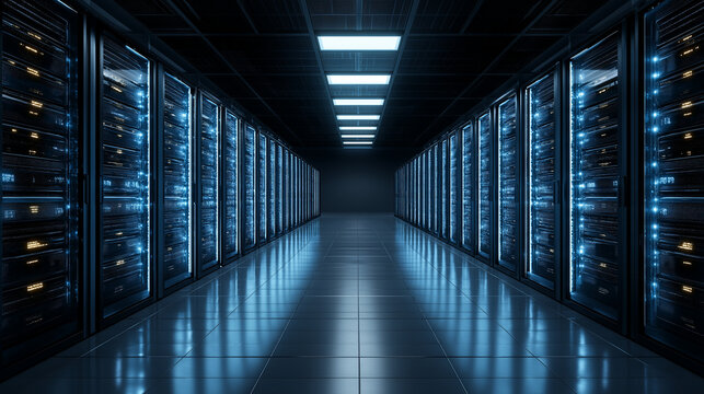 Interior of modern futuristic server room with blue data center lights