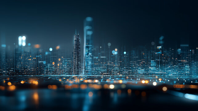 Blurred smart city interface overlay on urban night skyline background
