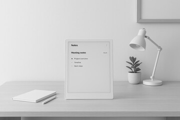 A minimalist workspace featuring an E-ink dashboard displaying a to-do list. A desk lamp and a small plant are present, creating a clean, modern aesthetic.