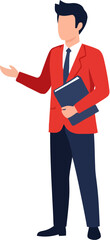Flat design illustration of a businessman in a red blazer holding a folder and gesturing with an open hand, presenting information.