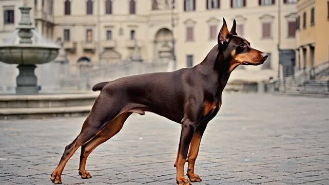 A doberman pinscher stands tall in a european square near a fountain with buildings behind it dog video