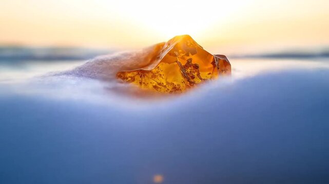 A captivating cinematic journey: Amber jewel emerges from the tide and glows under golden sunset