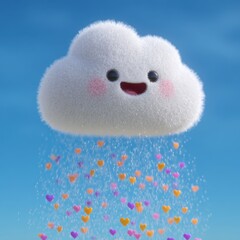 Fototapeta premium Adorable Animated Cloud Showering Hearts, Smiling on Blue Sky Background.