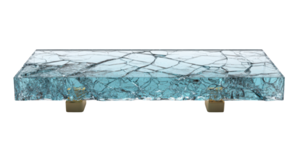 Modern artistic rectangular table made from thick cracked glass with unique shattered texture and luxurious contemporary furniture design accent on white background