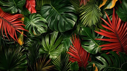 Lush Green and Red Tropical Leaves Background with Glitter