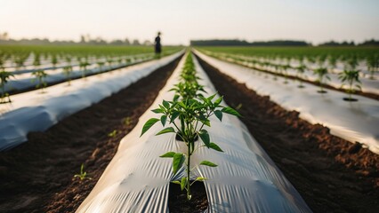 A young pepper plant in sharp focus, centered on the silver plastic mulch row, with a farmer tending the distant field during a serene sunset.