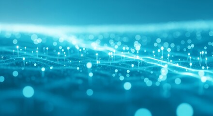 Turquoise digital network with glowing nodes and undulating data stream