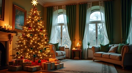 Luxury Christmas Tree Scene with Gifts & Copy Space – Festive Holiday Interior Background