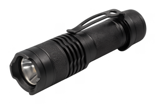 Black tactical flashlight with clip for portable lighting