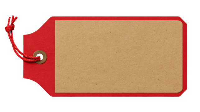 Blank kraft paper tag with red border and string for gifts, pricing, labeling or holiday packaging design isolated cleanly on white background