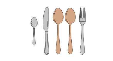 Clean line art illustration showcasing a collection of essential dining cutlery, featuring a knife, fork, and various spoons, meticulously arranged for culinary and household designs