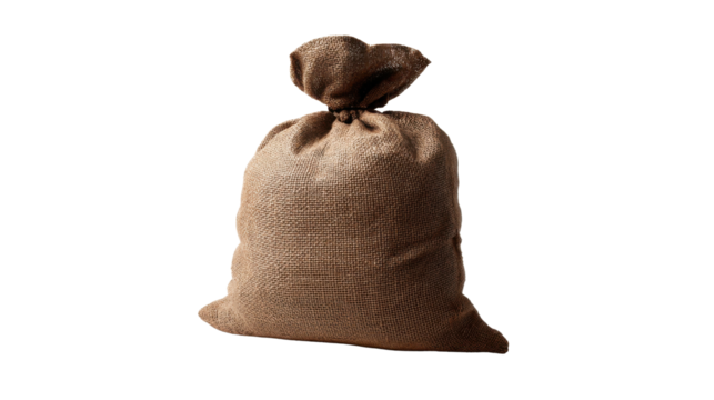 Rustic burlap sack filled and tied securely displaying natural jute texture suitable for storage packaging agriculture and vintage decorative themes on white background
