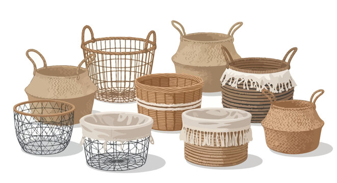 An assorted collection of stylish, handcrafted storage and decorative baskets, showcasing a variety of textures, materials, and designs perfect for modern home organization and aesthetic appeal
