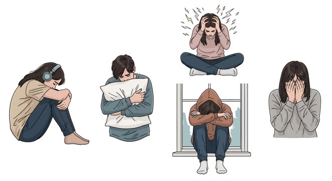 Emotional illustrations depicting various individuals grappling with sadness, anxiety, and distress, showcasing the introspective journey and challenges of mental well-being