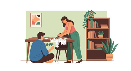 A young couple spending quality time together at home, collaborating on a jigsaw puzzle in their cozy, plant-filled living room