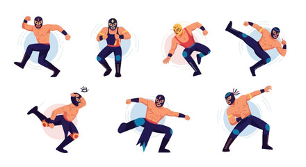 Lucha Libre Wrestlers in Action Dynamic Vector Illustrations