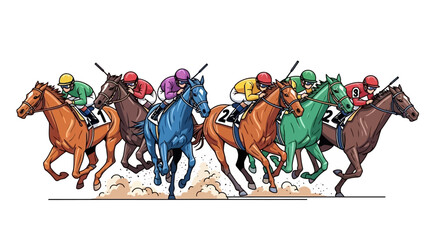 Racing Horses in a Colorful Illustration A Dynamic Depiction of a Horse Race in Full Speed