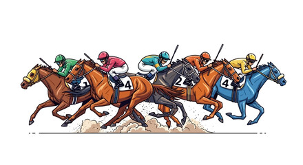 Dynamic illustration capturing the thrilling intensity of a competitive horse race with jockeys striving for victory at high speed, kicking up dust on the track