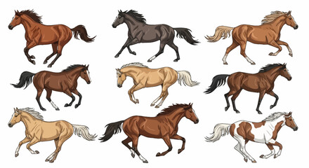 A beautiful collection of illustrated horses in motion, showcasing a variety of different coat colors and breeds in a dynamic trotting pose