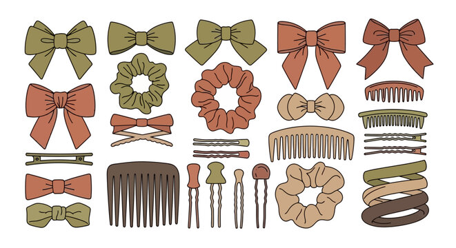 Collection of stylish hair accessories including bows, scrunchies, combs, and hairpins in various colors and designs