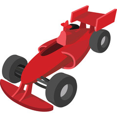 Naklejka premium Red Formula One Race Car with Black Wheels and Pilot Silhouette Against White Background Clean Isolated Vector Graphic