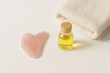 A pink gua sha tool in a heart shape, a small bottle of oil, and a white towel on a light surface. Ideal for skincare and relaxation routines.