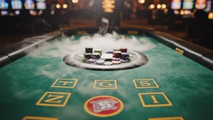 Casino poker table with chips and smoke effect, blurred slot machines and warm lighting create mysterious gambling atmosphere in exciting gaming environment with green felt and golden markings