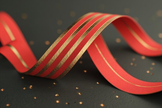Red ribbon rising like a financial growth curve with gold accents.