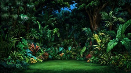 Lush Green Pixel Art Jungle Clearing with Dark Shadows and Dense Foliage High Detail