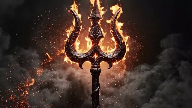 Fiery Trishula Trident of Lord Shiva Burning in Dark Smoke Background