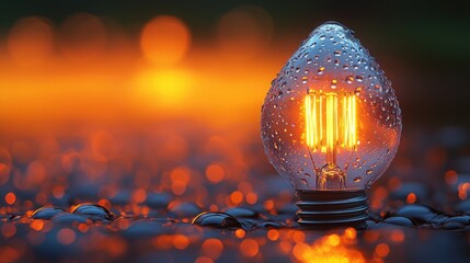 A single, radiant light bulb casts a dramatic glow on a dark, textured surface. Bokeh lights in the background add an atmospheric and mysterious effect.