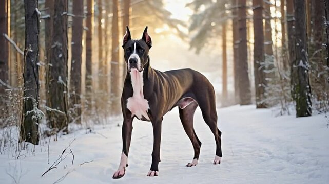 Great dane standing alert in a snowy forest with tall trees and bright sunlight shining through dog video