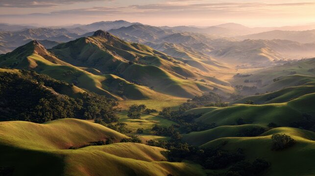 Golden Hour Sunbeams Cascading Over a Vast Expanse of Verdant, Rolling Hills.