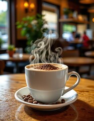 Aromatic Latte Art: Freshly Ground Beans and Steaming Coffee in a Cozy Cafe Setting, a Perfect Start to a Morning
