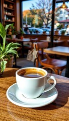 Morning Espresso in a Cozy Coffee Shop with Ample Blank Space on the Left for Text Overlays: A Perfect Coffee Break