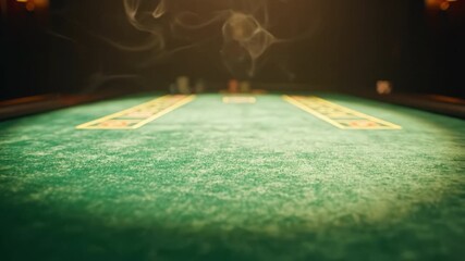Casino table with green felt and leather edge, smoke rising in dim warm light over blurred betting area, creating mysterious inviting atmosphere for intense gambling excitement and play
