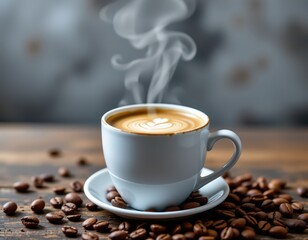 Steaming Latte with Latte Art and Coffee Beans on Wood, Perfect for Morning Coffee Break or Cozy Coffee Shop, Ample Copy Space at Top, High Quality