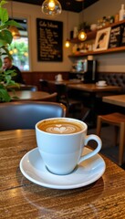 Morning Coffee Latte Art in Cozy Cafe: Perfect for Text Overlay, Coffee Shop Ambiance, and Beverage Advertising (Wide Angle).