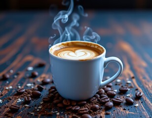 Steaming Latte Art Coffee with Freshly Ground Beans on Rustic Wood - Perfect for Food & Beverage Marketing and Design Projects.