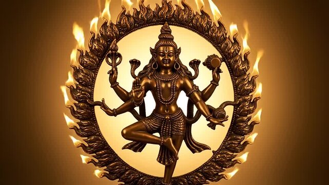 Bronze Hindu deity Shiva in golden halo.
