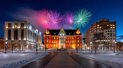 Stunning winter night cityscape illuminated by vibrant fireworks celebrating a grand building's festive occasion