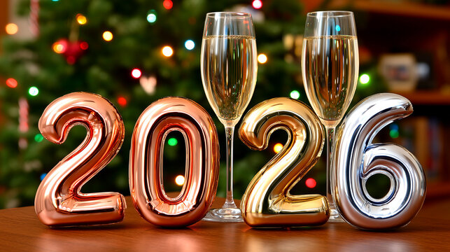 Cheers to a sparkling new year with champagne and festive lights celebrating the arrival of 2026