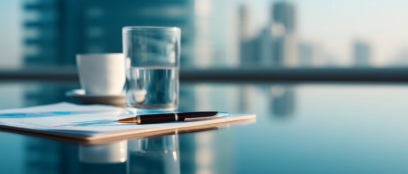 business reflection, annual report, minimal desk, planning, warm daylight, Serenity in Productivity: Abstract Glass Table Reflection with Business Report and Pen in Modern Minimal Setting