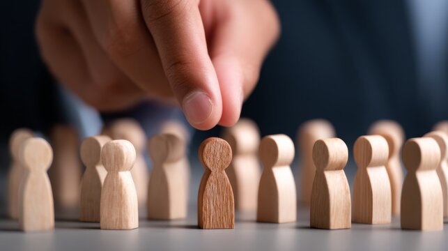 Person’s hand, staff, leader, selection, employer, find, Leadership in Action: Employer Selecting Wooden Figure Among Applicants - Staff Selection Metaphor