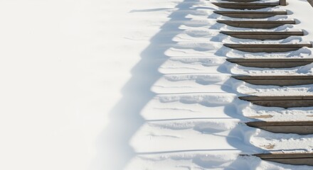 Abstract high angle view of snow covered stairs in winter. Minimalist background with graphic shadows and copy space