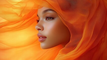 A woman wearing a warm orange hijab looks into the distance, illuminated by a soft, reflective light. The vibrant fabric accentuates her features.