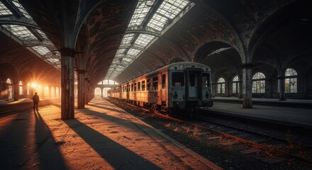 An old train sits on tracks in a grand, abandoned station bathed in dramatic golden light, casting long shadows.