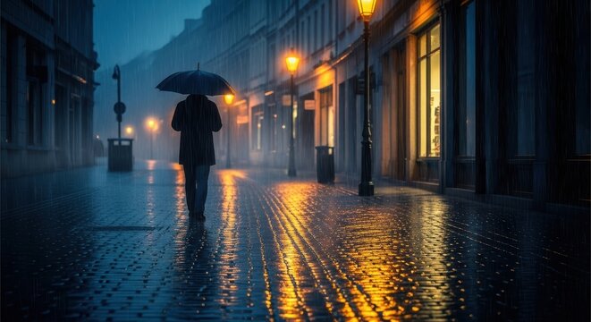 A person walks alone down a wet, cobblestone street at night, illuminated by warm streetlights and shop windows, reflecting on the rainy ground.