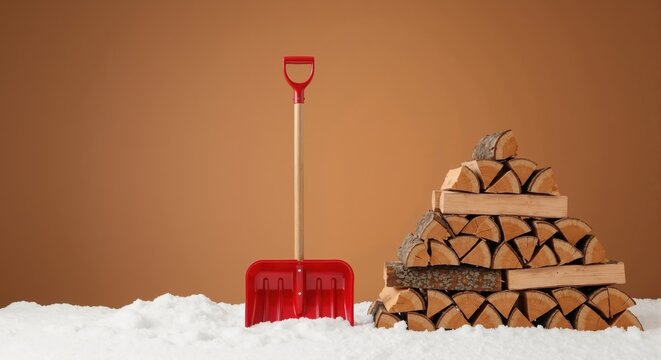 Red snow shovel and a stack of firewood on white snow. Winter preparation for cold weather and heating. Copy space background